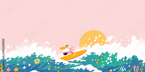 An illustration of a surfer gracefully riding a wave during a serene sunset, set against a gentle pink sky.