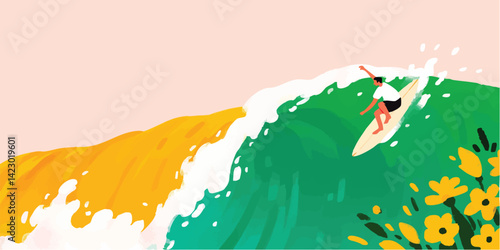A vibrant depiction of a surfer riding a crashing wave, set against a backdrop of colorful elements. Evokes a sense of adventure and energy.