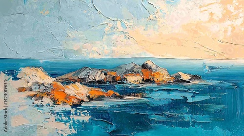 Landscape painting of seaside reef sunrise
