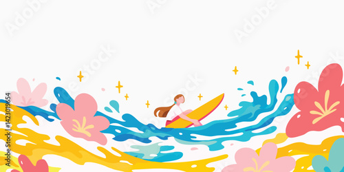 A vibrant illustration captures a surfer riding a wave with dynamic energy, embracing the spirit of aquatic adventure, framed by colorful floral motifs.