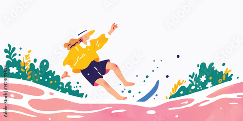 An illustration of a surfer riding the wave, with a dynamic pose and vibrant colors. Evoking feelings of freedom, movement, and the thrill of surfing.