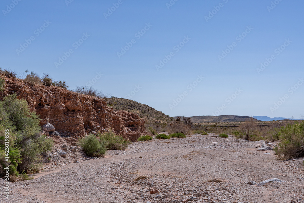 Fototapeta premium Gravelly basin fill alluvium, Calico Basin, Red Rock Canyon, Las Vegas, Clark County, Nevada. Mojave Desert. dry stream bed / Intermittent, temporary or seasonal rivers. Fluvial terrace. gravel