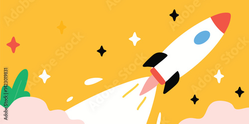 A colorful and dynamic illustration depicts a rocket soaring through a vibrant sky, symbolizing ambition, innovation, and limitless possibilities.