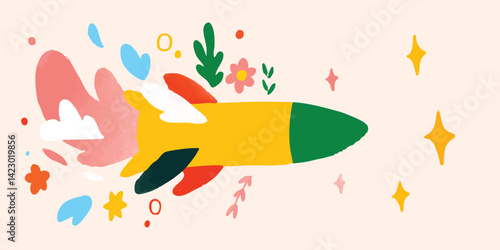 A whimsical, cartoon rocket blasts off with colorful flair, leaving behind a trail of artistic elements that create a sense of imaginative travel.