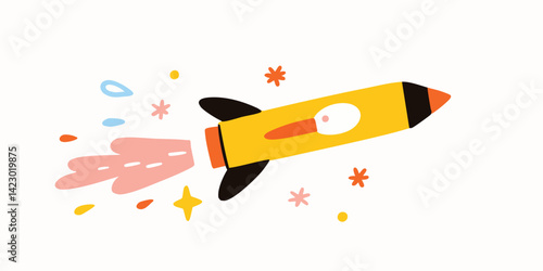 An animated yellow rocket blasts off, soaring toward the infinite possibilities of the cosmos. Vivid colors and dynamic lines evoke a sense of limitless imagination and adventure.