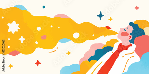 The illustration captures a serene moment where a person is exhaling vibrant colors and stars, embodying inner peace and creative expression.