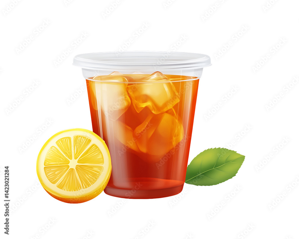 Iced Tea with Lemon and Ice in Clear Cup, PNG Iced Tea with Lemon and Ice in Clear Cup, PNG