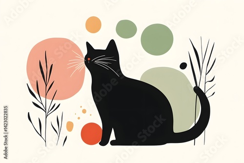 A black cat with an orange belly is sitting, surrounded by abstract shapes and lines in shades of green, pink, red, beige, gray, and yellow on a white background, an  illustration style 