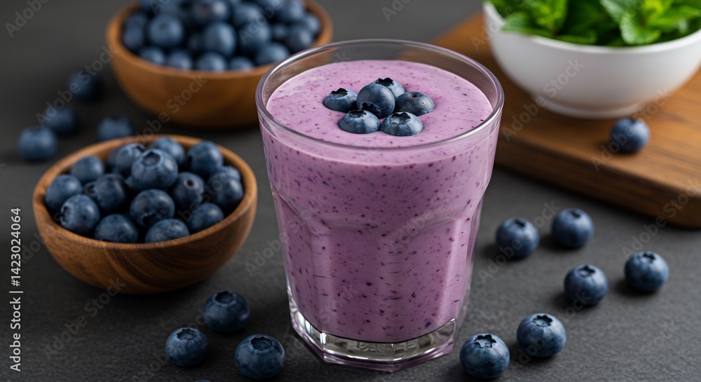 Delicious and Refreshing Blueberry Smoothie in Glass with Fresh Berries and Mint Garnish Delicious and Refreshing Blueberry Smoothie in Glass with Fresh Berries and Mint Garnish