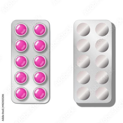 Pharmaceutical blister pack of round pink tablets realistic 3d vector isolated on white background top view, representing medicine, healthcare, pharmacy, medical pills product set front and back view.