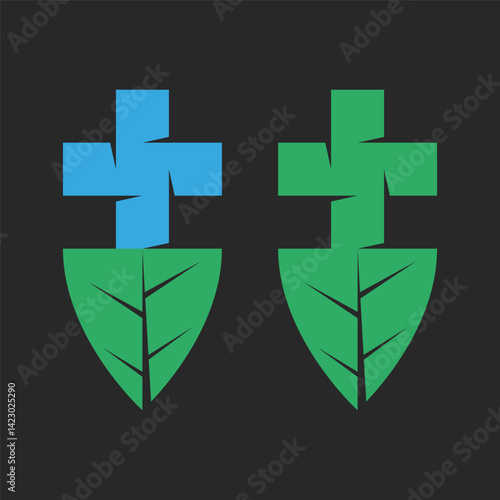 Medical herbal clinic or veterinary herbal medicine logo combining a blue cross and green leaf symbol, for natural health branding, organic pharmacy label, eco medicine logotype and bio packaging.