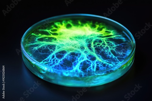A petri dish showcasing vibrant blue and green bioluminescent fungal mycelium network.