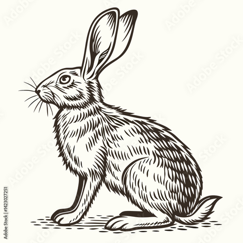 Detailed line art illustration of a hare or rabbit in black and white style