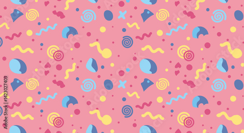 Pink and blue background with a lot of different shapes and colors