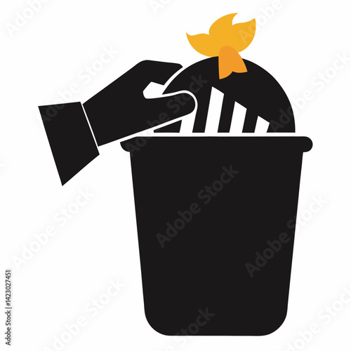 Hand holding bin bag full of garbage black vector on white background.