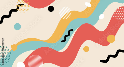 Colorful abstract Memphis Design painting with a wave pattern and lots of dots