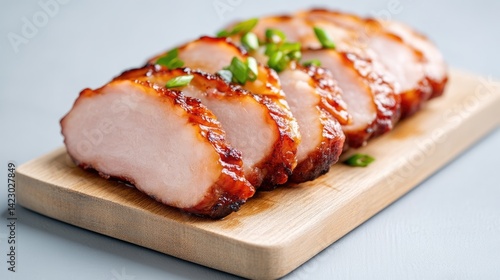 Sliced, glazed pork tenderloin on wooden board