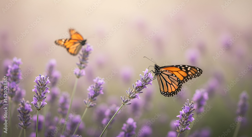 Obraz premium Two Monarch butterfly on lavender flowers in soft light. Peaceful butterfly scene