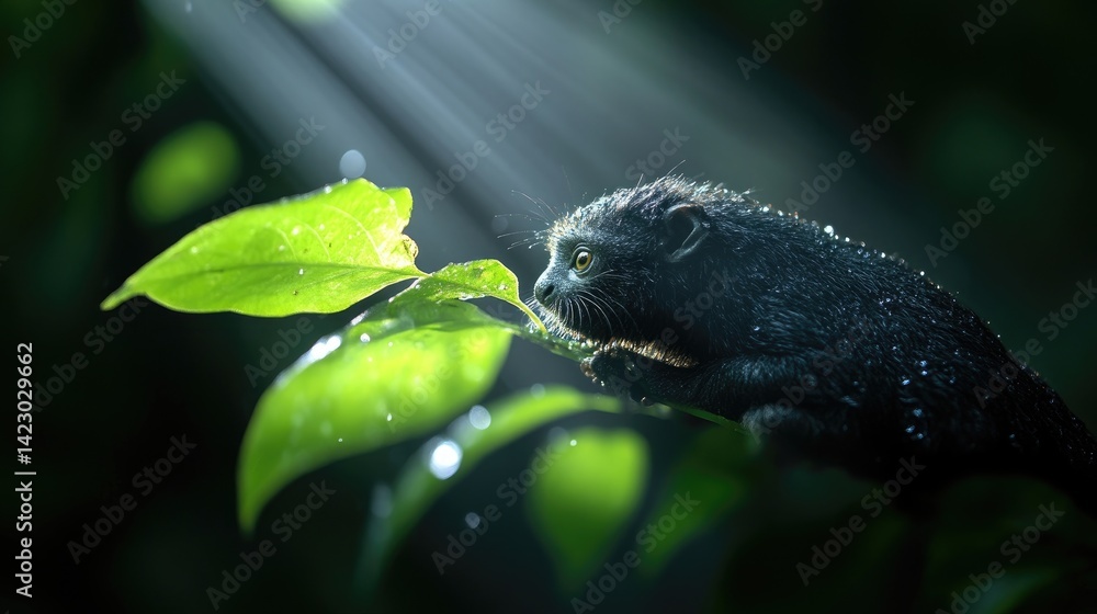 Obraz premium Small, dark primate on lush foliage, bathed in sunlight