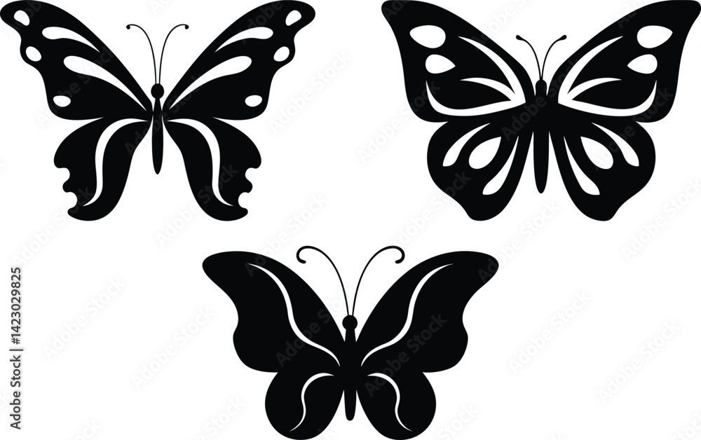 Fototapeta premium Elegant black butterfly silhouettes set on white background for design and decorative purposes for various creative projects