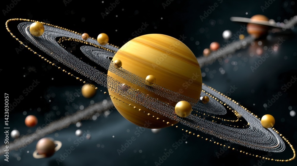 Naklejka premium Majestic Saturn with Glowing Rings Surrounded by Distant Planets in a Dark Cosmic Space
