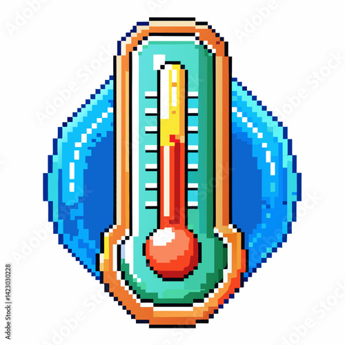 Retro Pixel Art Thermometer Icon with Temperature Gauge and Blue Border