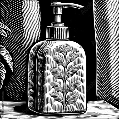 Woodcut Style Soap Dispenser on Rustic Shelf with Leaf Design