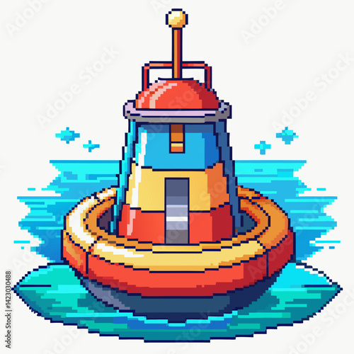 Pixel Art Buoy Floating on Ocean Waves Retro Nautical  Illustration