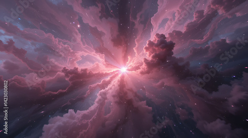 An ethereal pink nebula thrums with vibrancy, its center aglow.