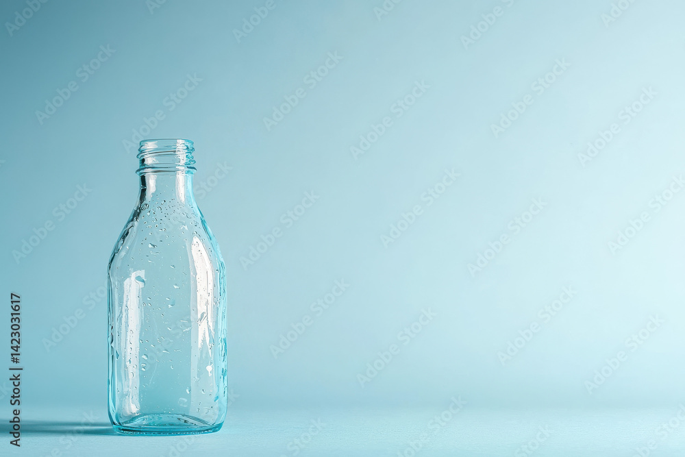 Obraz premium Minimalist Mockup of Glass Bottle with Water Droplet – Brand Photography on Soft Blue Background