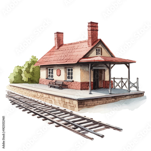 Toy Train Station With Tracks Stretching Out, watercolor vector, isolated on a white background.
