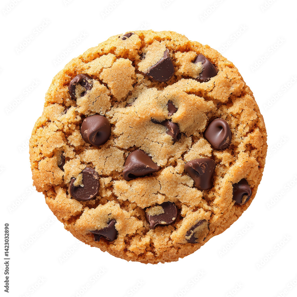 A round chocolate chip cookie featuring a golden brown color and scattered chocolate chips on its surface.