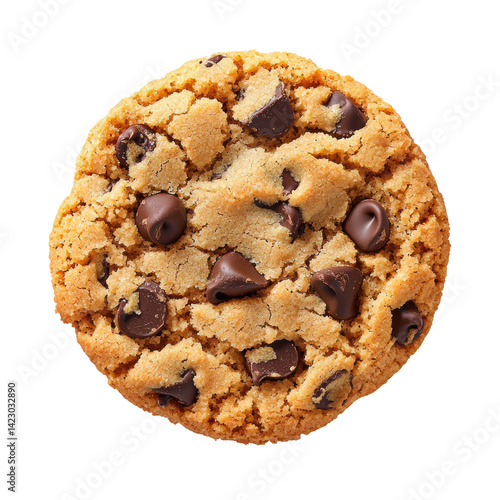 Obraz na płótnie A round chocolate chip cookie featuring a golden brown color and scattered chocolate chips on its surface. w salonie