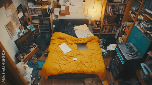 Chaotic student apartment displaying a cluttered bedroom full of personal items