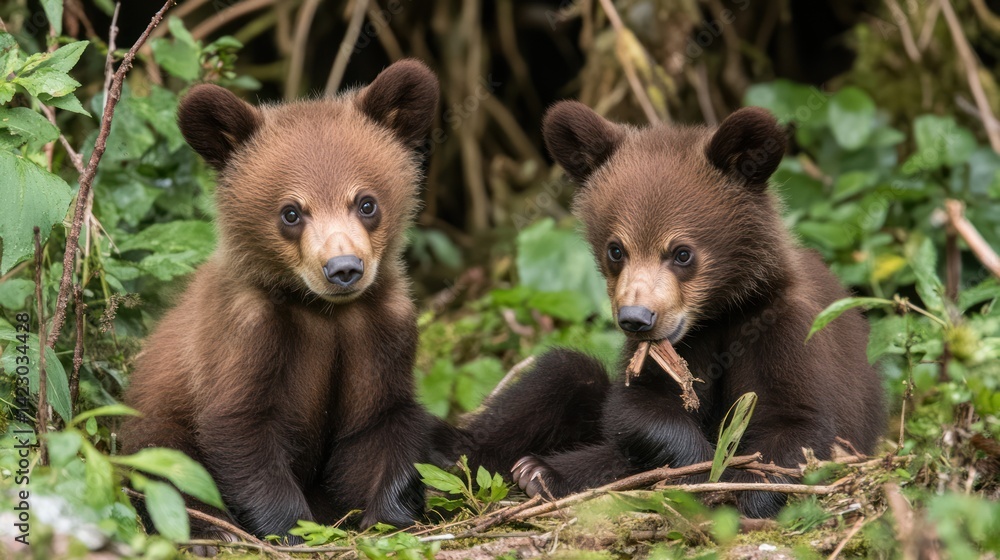 Obraz premium Two bear cubs sitting in foliage