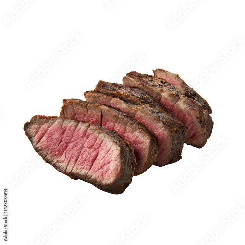 Succulent slices of medium-rare steak showcasing a rich, marbled texture and a perfect sear.