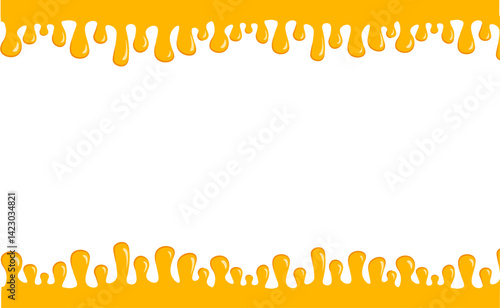 Dripping honey background with copy space for text. Cartoon liquid honey modern horizontal banner template. Golden yellow honey syrup frame or border, drops and splashes. Flat vector illustration.