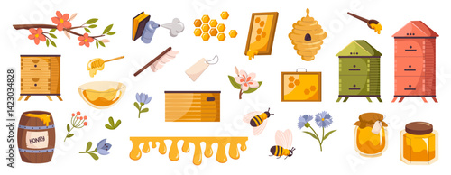 Honey products and apiary set. Beekeeping collection with honey, bee, jars, flowers, honeycomb, wooden house and hive for bees, honey from wooden dipper. Beekeepers tools cartoon vector illustration.