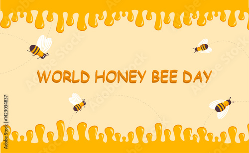 National Honey Bee Day. Cute cartoon bees, drops of honey and honeycombs on yellow background. Horizontal flat vector banner template with bees, honey for World Bee Day - 20 May. Planet health.