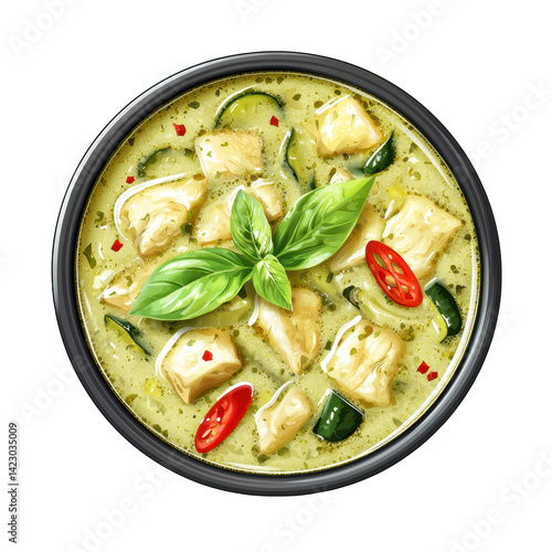 A vibrant bowl of green curry featuring tender chicken, fresh basil, and sliced red chili peppers.