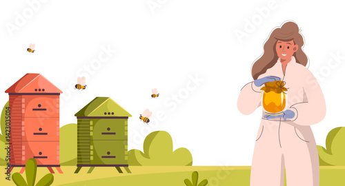 Woman beekeeper in in beekeepers suit holding a jar of honey. Beekeepers at apiary. Female character gather honey at apiculture farm in summer. People and beekeeping. Flat vector illustration. 