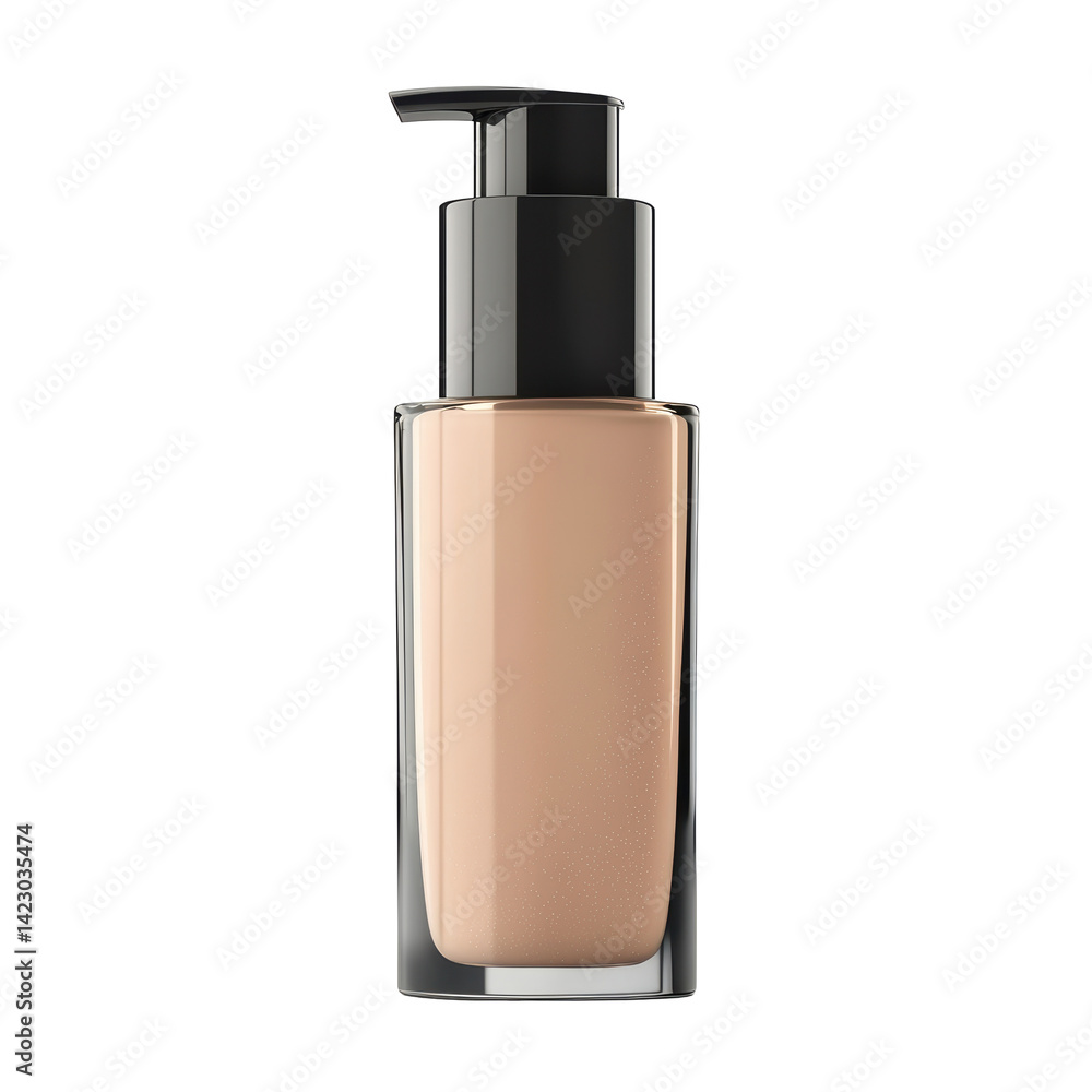 A sleek pump bottle containing liquid foundation with a soft, natural tone, designed for easy dispensing and application. A sleek pump bottle containing liquid foundation with a soft, natural tone, designed for easy dispensing and application.