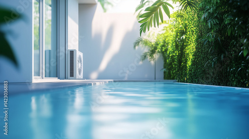 Modern air heat pump by a pool, blending efficiency with sleek outdoor design.
