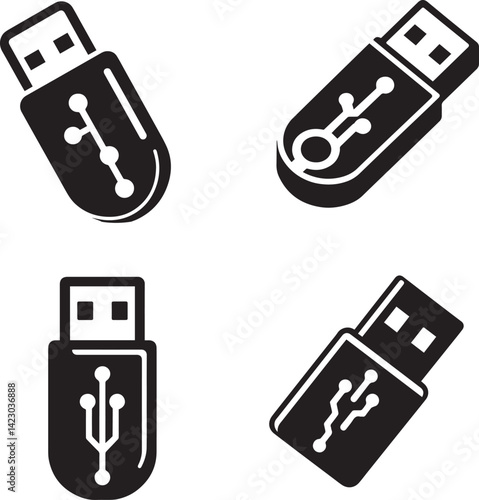 Black Silhouettes of USB Flash Drives - Circuit Design Collection