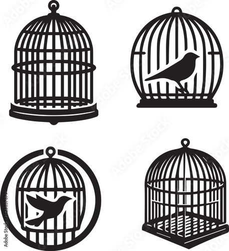 Black Silhouettes of Bird Cages with Birds - Decorative Icons Set