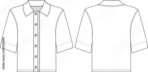 collared buttoned short sleeve fit basic shirt blouse top template technical drawing flat sketch cad mockup fashion woman design style model
