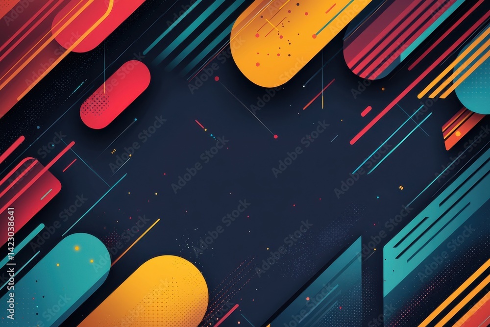 Abstract design with vibrant shapes and lines on a dark background Abstract design with vibrant shapes and lines on a dark background