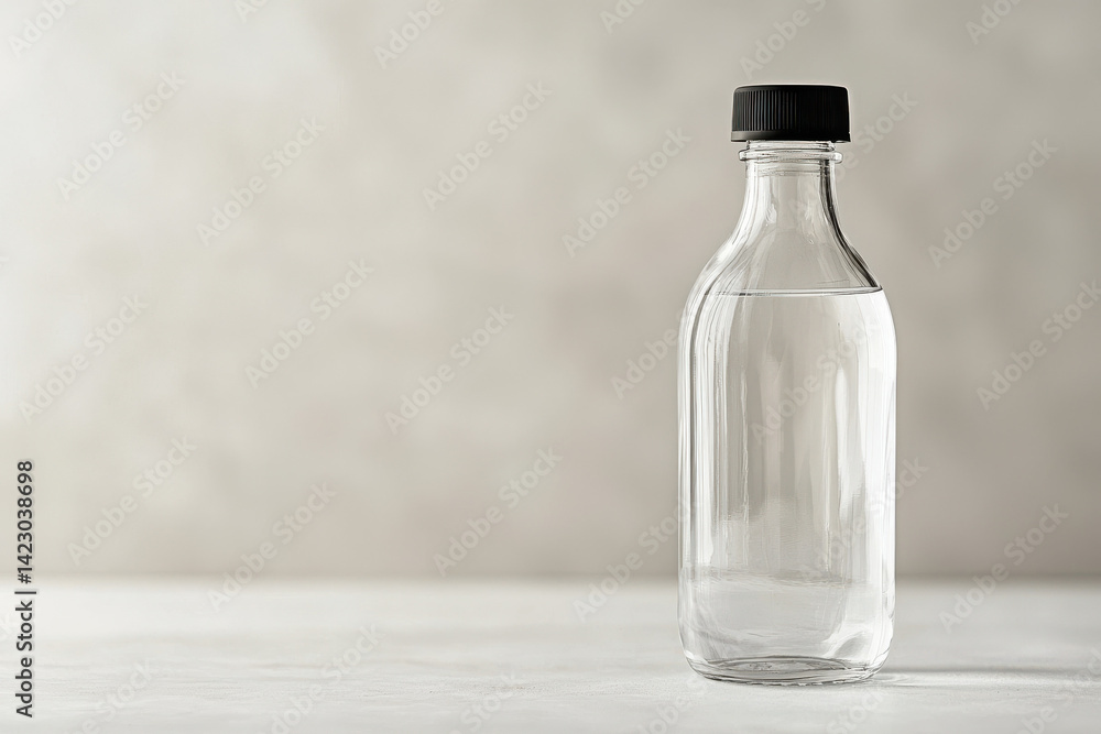Minimal Glass Bottle with Black Cap on Light Grey – Product Photography Minimal Glass Bottle with Black Cap on Light Grey – Product Photography