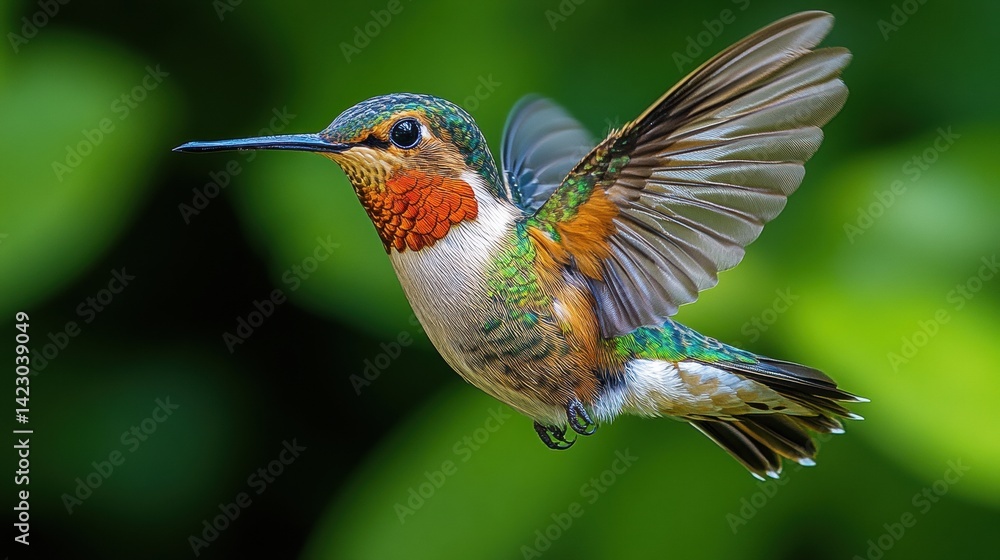 Obraz premium Vibrant hummingbird in mid-flight against a blurred green background.