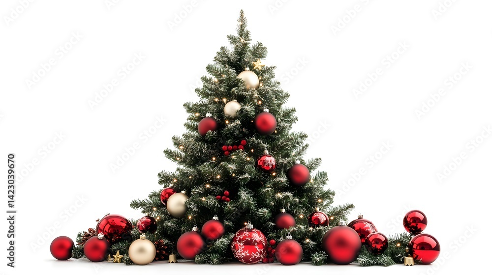 A beautifully decorated Christmas tree with red and cream ornaments sits on a white background perfect for holiday cards and festive designs. A beautifully decorated Christmas tree with red and cream ornaments sits on a white background perfect for holiday cards and festive designs.